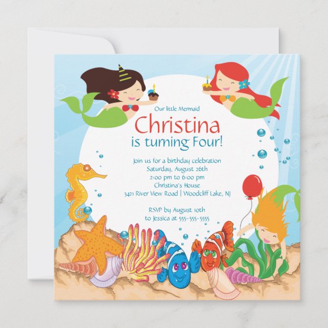 Cute Under The Sea Mermaid Birthday Invitation (Front)