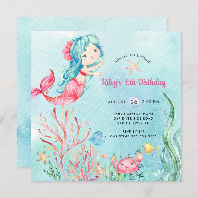 Cute Under the Sea Mermaid Birthday Invitation (Front/Back)