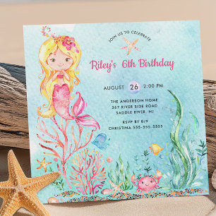 Cute Under the Sea Mermaid Birthday Invitation