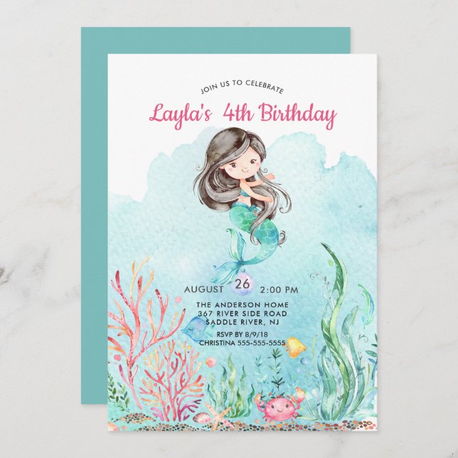 Cute Under the Sea Mermaid Birthday Invitation (Front/Back)