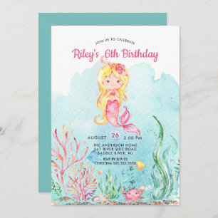 Cute Under the Sea Mermaid Birthday Invitation