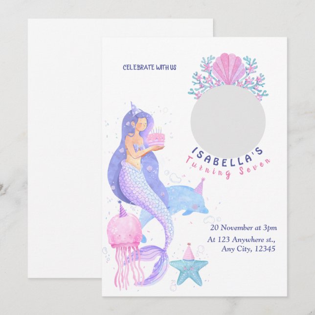 Cute Under the Sea Mermaid Birthday Invitation (Front/Back)