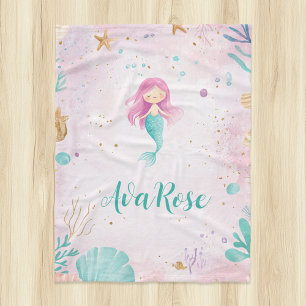 Cute Under The Sea Mermaid Personalised Girl Fleece Blanket