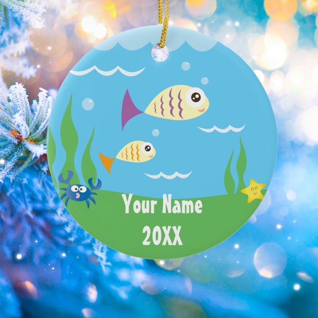 Cute Under The Sea Ocean Aquarium Add Your Name Ceramic Ornament (Creator Uploaded)