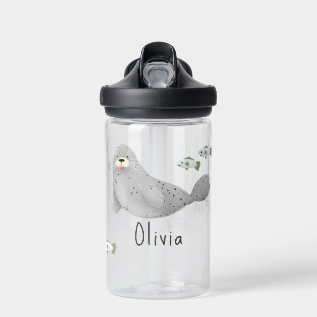 Cute Under the Sea Ocean Seal and Fish Water Bottle (Front)