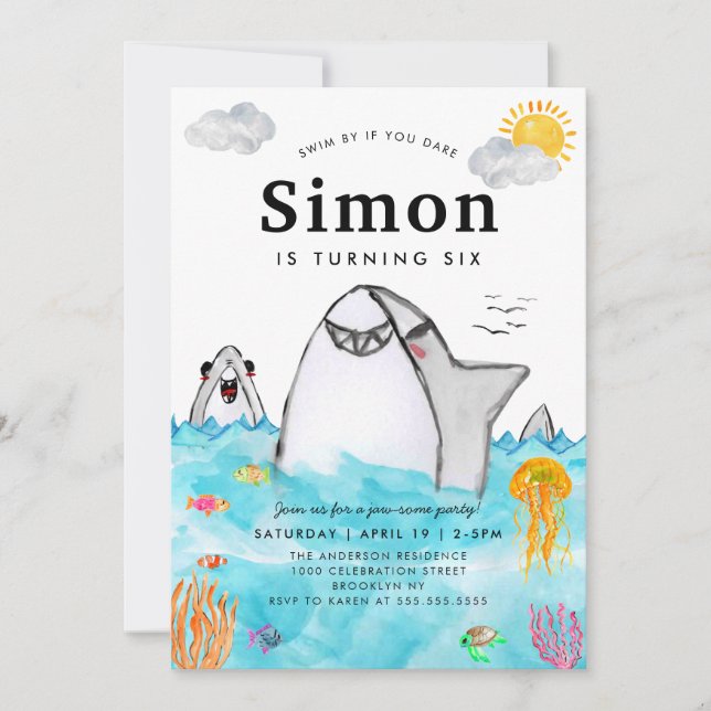 Cute Under the Sea Swimming Shark Ocean Birthday Invitation (Front)