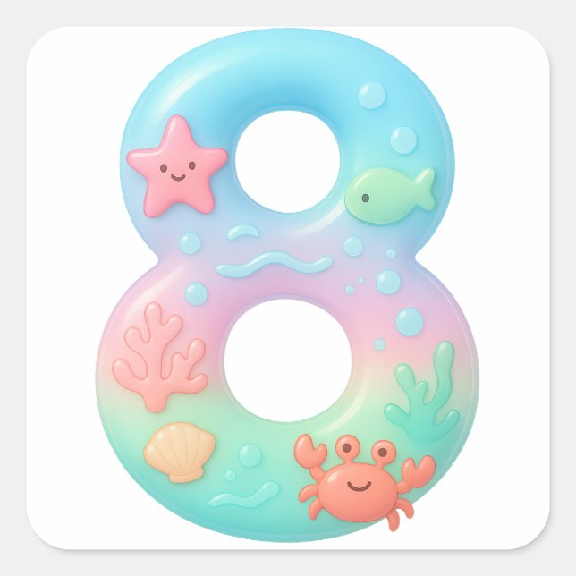 Cute Under The Sea Theme Cartoon Number 8 Square Sticker (Front)