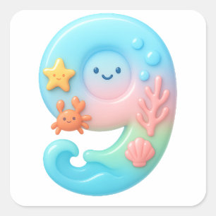 Cute Under The Sea Theme Cartoon Number 9 Square Sticker