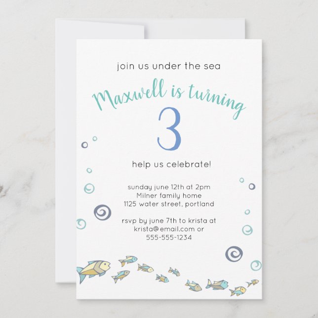 Cute Under The Sea Turning 3 Ocean Birthday Invitation (Front)