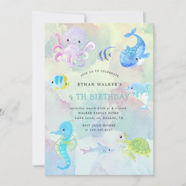 Cute under the sea watercolor Birthday Invitation (Front)