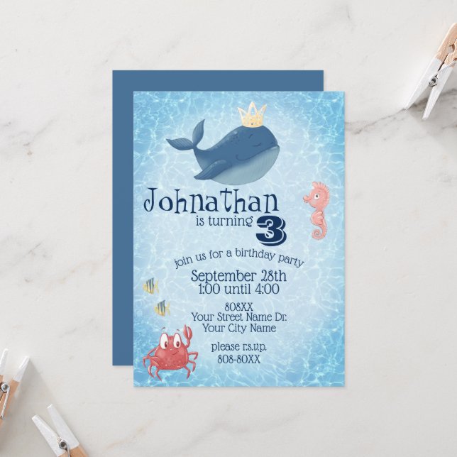 Cute Under the Sea Whale with Crown Invitation (Front/Back In Situ)