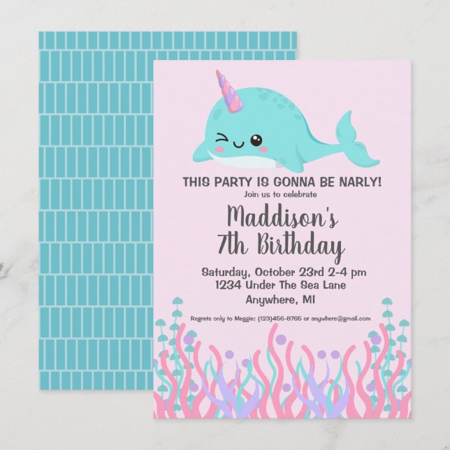 Cute Under The Sea Winking Narwhal Birthday Invitation (Front/Back)