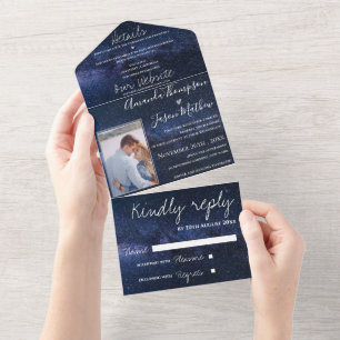 Cute Under The Stars Theme Monogram Photo Wedding All In One Invitation