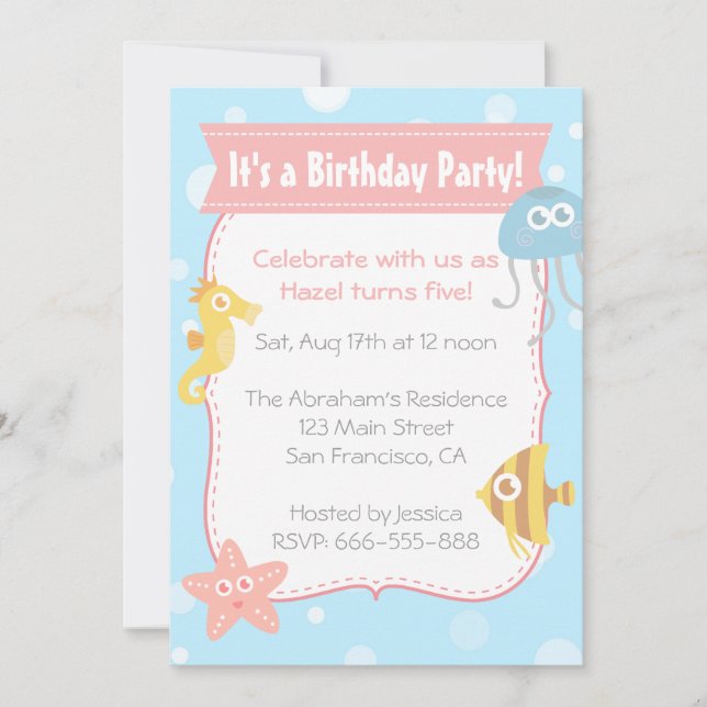 Cute Underwater Animals Birthday Party Invitation (Front)