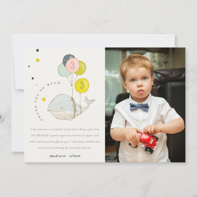 Cute Underwater Balloon Whale Photo Kids Birthday Thank You Card (Front)