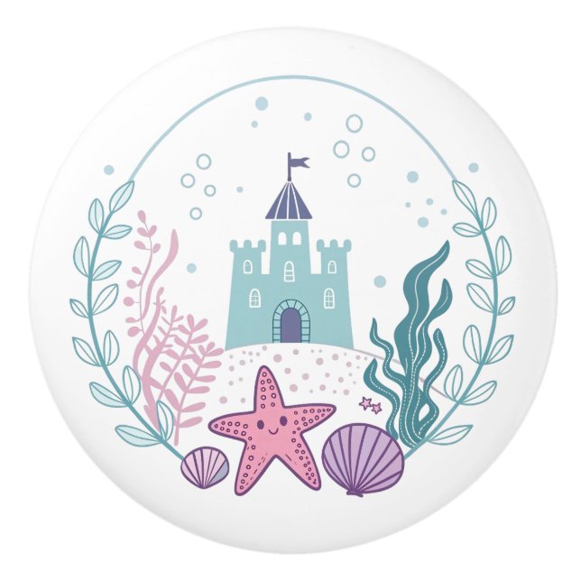 Cute Underwater Castle with Starfish and Seashells Ceramic Knob (Front)