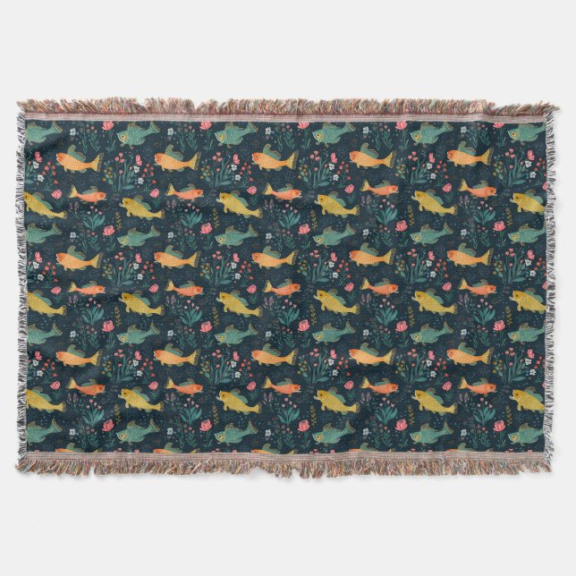 Cute Underwater Goldfish Koi Aquatic Plant Pattern Throw Blanket (Front)