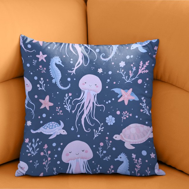 Cute Underwater Jellyfish and Sea Turtles Pattern  Cushion (Creator Uploaded)