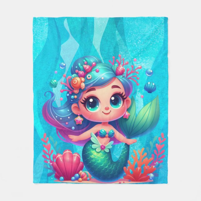 Cute underwater mermaid fleece blanket (Front)