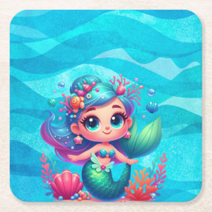 Cute underwater mermaid square paper coaster