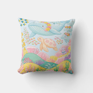 Cute Underwater Ocean Animals Watercolor Sea Life Cushion