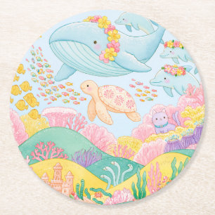 Cute Underwater Ocean Animals Watercolor Sea Life Round Paper Coaster