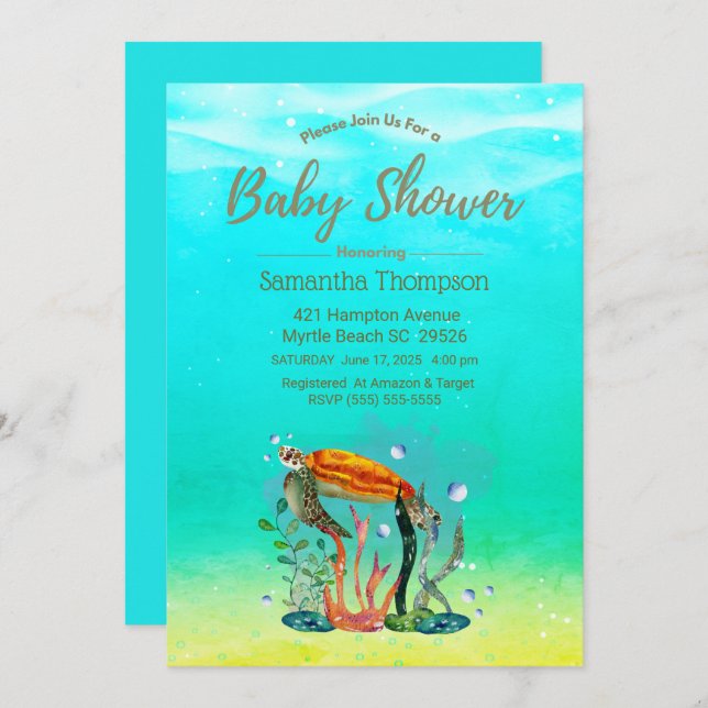 Cute Underwater Sea Turtle Baby Shower Invitation (Front/Back)