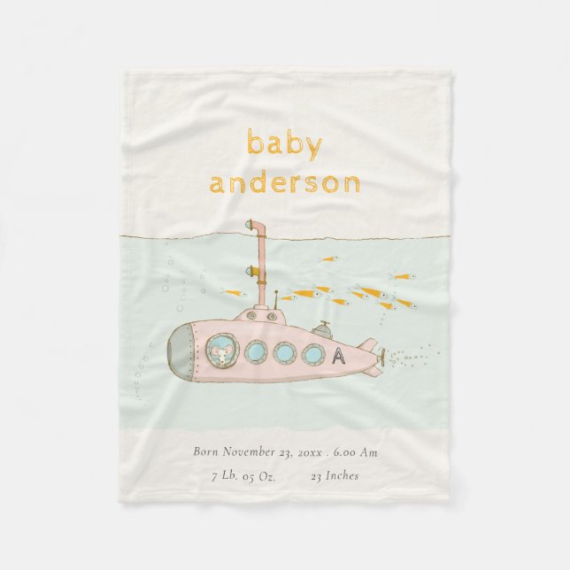 Cute Underwater Submarine Monogram Baby Stat Fleece Blanket (Front)