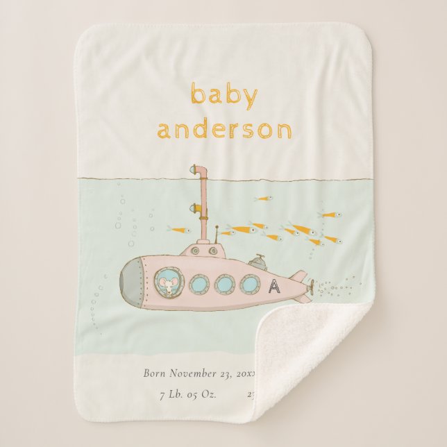 Cute Underwater Submarine Monogram Baby Stat Sherpa Blanket (Front)