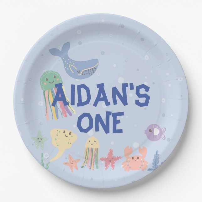 Cute Underwater World First Birthday Paper Plate (Front)