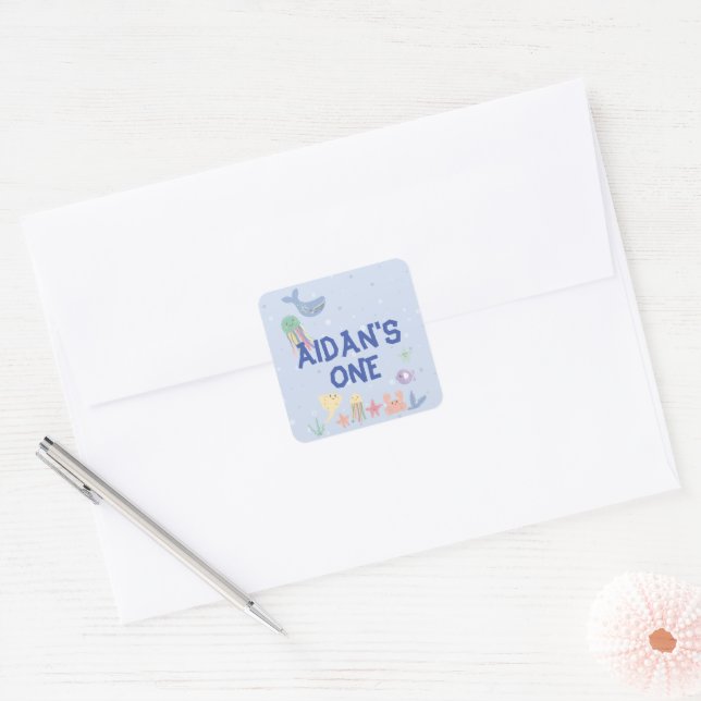 Cute Underwater World First Birthday Square Sticker (Envelope)