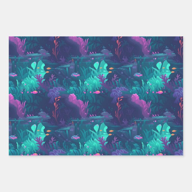 Cute Underwtaer Seaweed Fish Reef Print Pattern Wrapping Paper Sheet (Front)