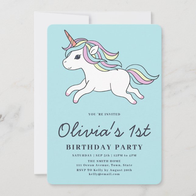 Cute Unicorn 1st Birthday Party Invitation (Front)