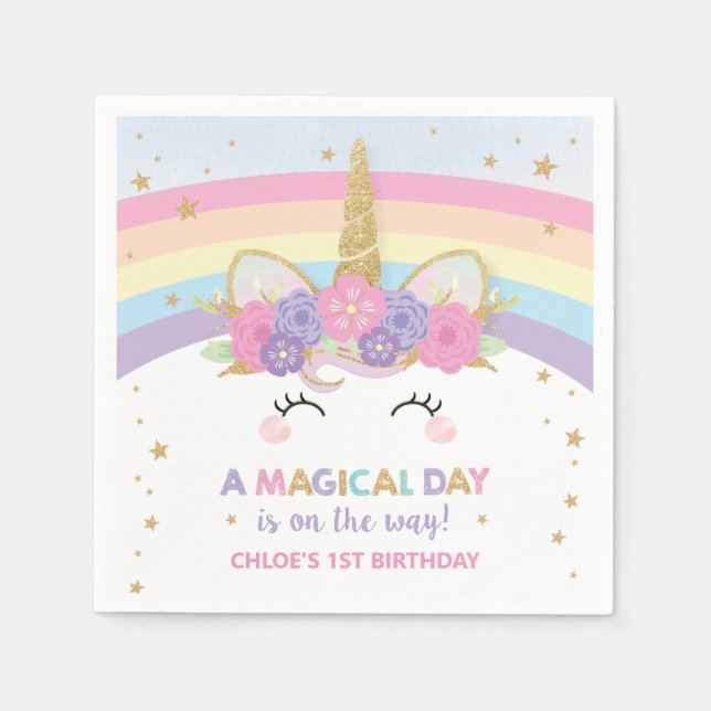 Cute Unicorn 1st Birthday Party Rainbow Serviettes Napkin (Front)