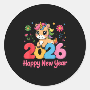 Cute Unicorn 2026 Horse Year Happy New Year Kawaii Classic Round Sticker