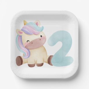 Cute Unicorn 2nd Birthday Paper Plate