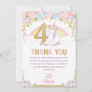 Cute Unicorn 4th Birthday Rainbow Floral Thank You Card