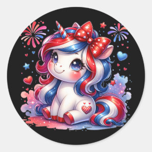 Cute Unicorn 4th Of July Girls Kids American Flag Classic Round Sticker