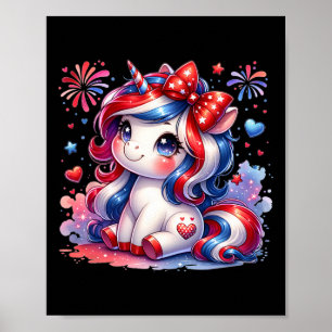 Cute Unicorn 4th Of July Girls Kids American Flag Poster