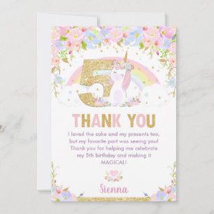 Cute Unicorn 5th Birthday Rainbow Floral Thank You