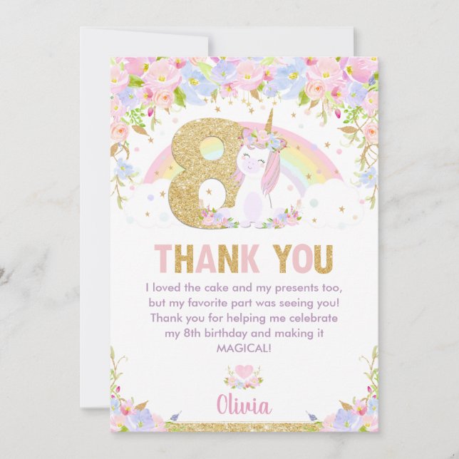Cute Unicorn 8th Birthday Rainbow Floral Thank You Card (Front)