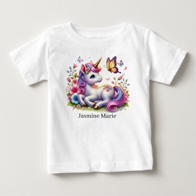Cute unicorn add name fantasy Baby  T-Shirt (Front)