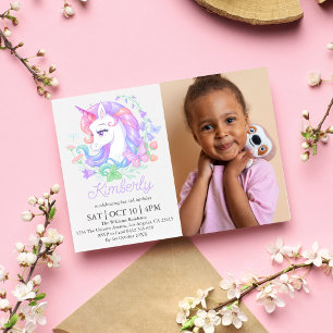 Cute Unicorn All Ages Photo Kids Birthday  Invitation