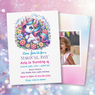 Cute Unicorn and Child's Photo Birthday Invitation