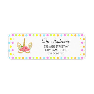 Cute Unicorn and Colourful Confetti on White Return Address Label
