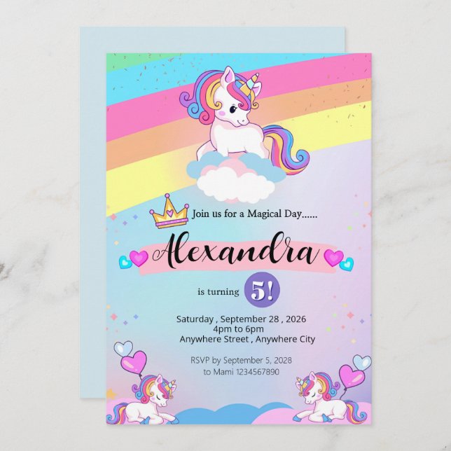 Cute Unicorn and Colourful Rainbow Birthday  Invitation (Front/Back)