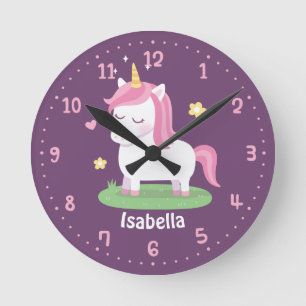 Cute Unicorn and Flowers Girls Room Purple Round Clock