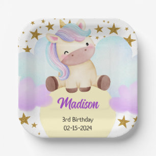 Cute Unicorn and Gold Stars Birthday Paper Plate