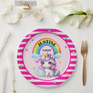 Cute Unicorn and Rainbow 3rd Birthday Paper Plate