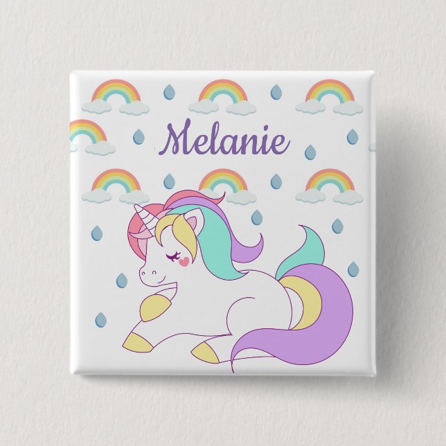Cute Unicorn and Rainbows Personalised 15 Cm Square Badge (Front)